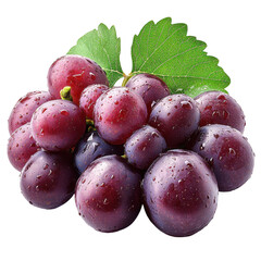 A cluster of ripe juicy red grapes with water droplets and green leaves isolated on transparent background