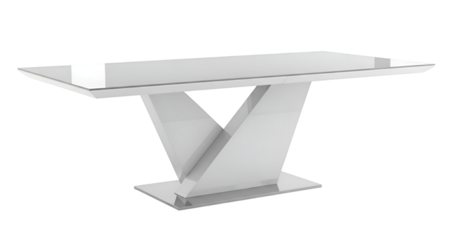 White Dining Table Stands Elegantly, Featuring Glass Top and Unique Base Design on Transparent Background