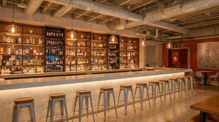 A modern bar with a well-stocked liquor shelf, illuminated counter, and metallic stools, set against a backdrop of exposed ceiling pipes and orange walls.