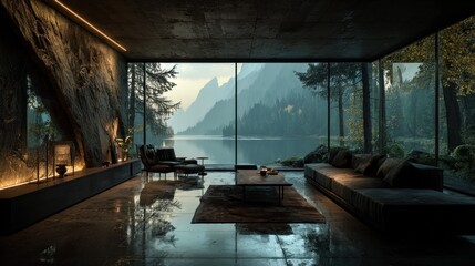 Obraz premium Lakeside Living: A Luxurious Interior Overlooking Majestic Mountains and Forest