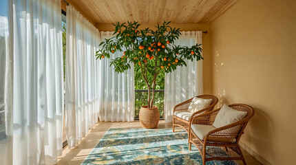 A cozy sunroom featuring a potted orange tree, two wicker chairs with cushions, and sheer white curtains letting in natural light.