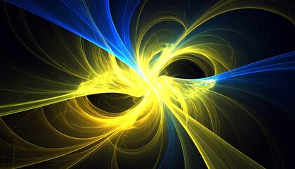 Abstract fractal design with swirling, luminous, blue and yellow strands