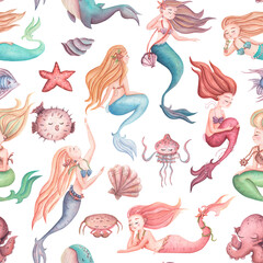 Delicate watercolor pattern in pink, peach with mermaids, shells, fish and seaweed. Seamless watercolor pattern for kids on the theme of sea life.