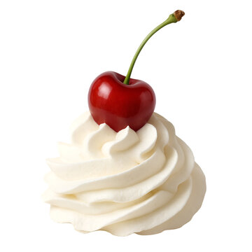 Whipped cream with cherry isolated on white background for dessert topping and sweet treat decoration concepts