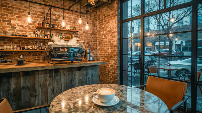 Cozy coffee shop interior with a steaming espresso machine, exposed brick walls, and a latte on a marble table, viewed through a large window.