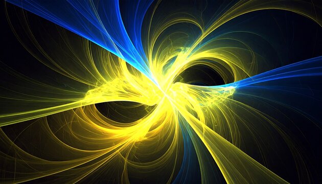 Abstract fractal design with swirling, luminous, blue and yellow strands