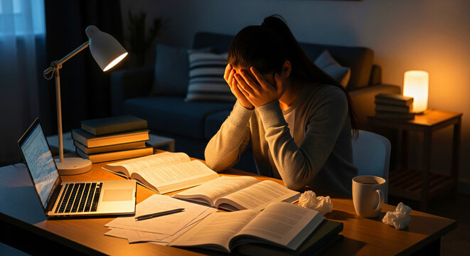 Struggling student overwhelmed by late-night studying, feeling stressed and exhausted with books and laptop.