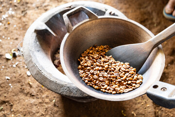 Traditional Manual Coffee Bean Roasting by using charcoal and stove