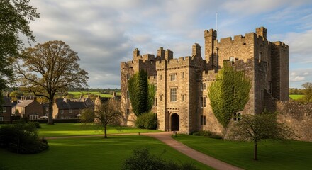 Tranquil vista of historic English castle, showcasing architectural heritage