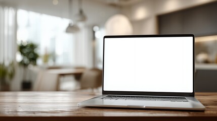 Fototapeta premium Modern laptop with blank screen on rustic wooden table in a bright kitchen, concept for web design mockups, remote work presentations and online learning platforms