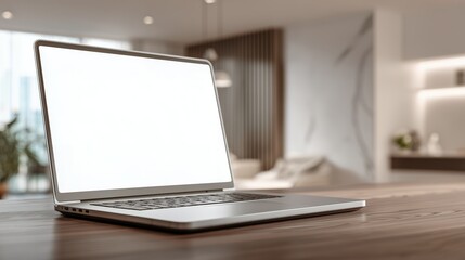Fototapeta premium Close up silver laptop with a blank white screen on wooden table, concept for website mockup, digital marketing showcase, online presentation template