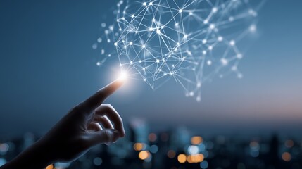 A hand touches a glowing network sphere with a cityscape backdrop at dusk. Concept for future technology, digital transformation and artificial intelligence solutions