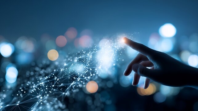 Finger touching digital network with light trails, abstract technology background, concept for future innovation, data analysis and cyber communication.