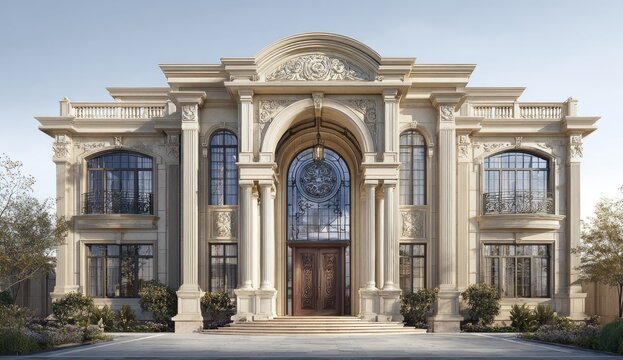 Grand neoclassical mansion exterior, sunny day, landscaped yard, architectural rendering, real estate - Powered by Adobe