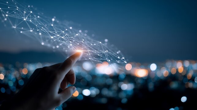 Hand touching digital network with a futuristic city bokeh backdrop. Concept for data connection, artificial intelligence and smart technology integration