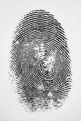 Close-up of a detailed black fingerprint on a clean white surface, digitally enhanced. Concept for crime scene investigation, identity verification and security technology