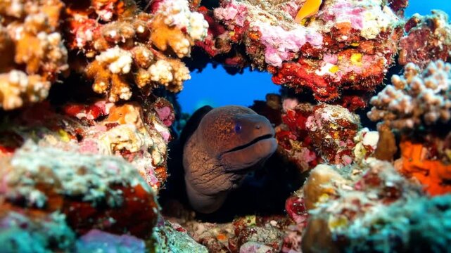 Close-up of a mysterious moray eel peeking out from a vibrant, colorful coral reef underwater, showcasing marine life and biodiversity.