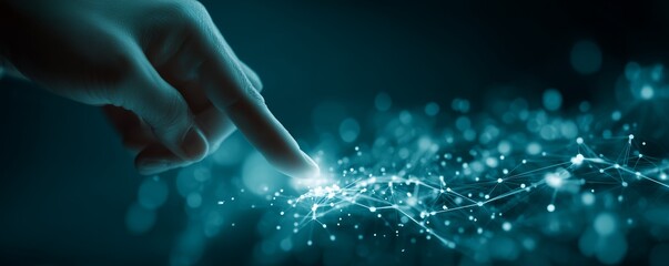 Finger touching glowing network structure over dark blue background. Concept for technology solution, data analysis and artificial intelligence platform