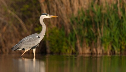 Naklejka premium Grey heron wading in shallow water (1)