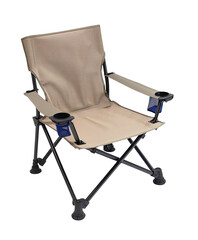Beige folding camping chair with armrests and cup holders