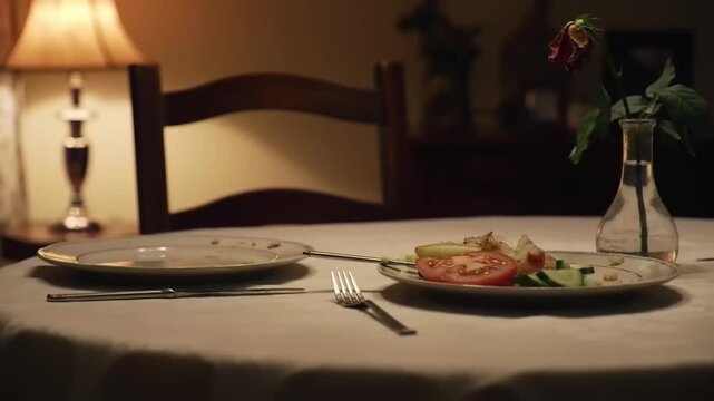 Empty plates and a wilted rose on a table