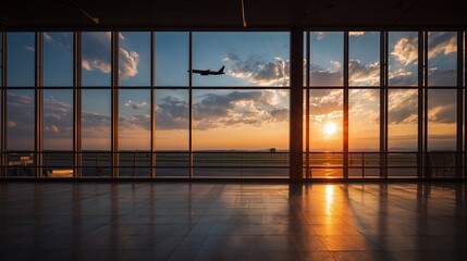 Fototapeta premium Modern airport terminal view with airplane taking off against a stunning sunset sky, concept for travel inspiration, aviation industry, and global connectivity