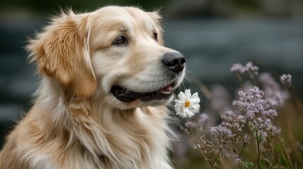 Golden Retriever with Flower | Cute Dog Portrait