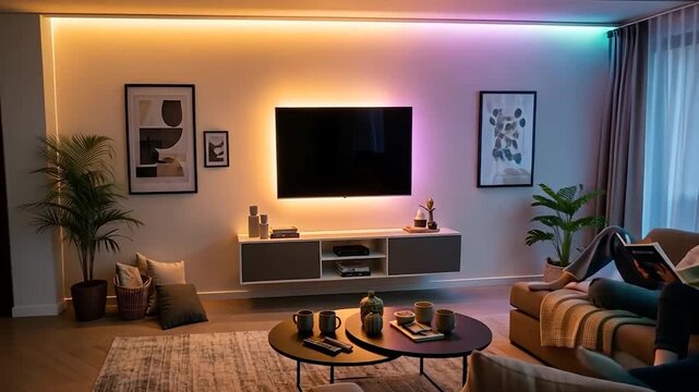 Couple Relaxing and Reading in a Modern Living Room with Ambient Smart Lighting