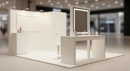 Fototapeta premium Modern minimalist trade show booth showcasing beauty products with a vanity mirror.