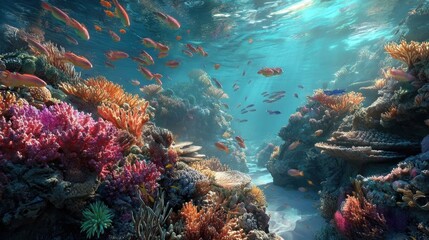 Naklejka premium Vibrant Underwater Coral Reef Scene with Colorful Fish