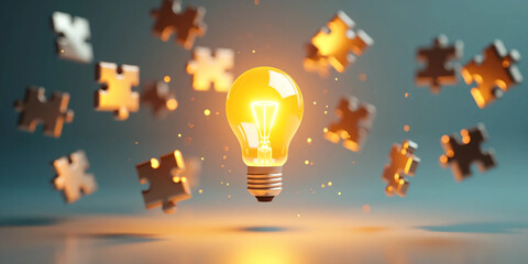 3D concept of floating puzzle pieces assembling into a glowing golden lightbulb, symbolizing innovation, problem solving, and creative thinking in business and technology with minimal clean background