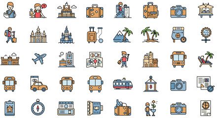Obraz premium Cute travel and vacation doodle icons featuring passport, airplane, luggage, beach, drinks, and summer essentials. Perfect for trip planning, tourism, and holiday-themed designs