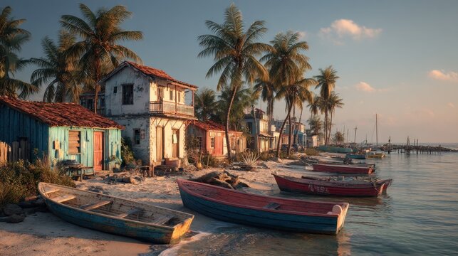 Coastal village scene with boats, houses and palm trees at sunset - Powered by Adobe