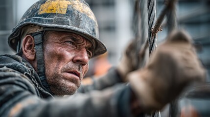 Obraz premium Close-up of a Construction Worker with a Determined Expression and Helmet