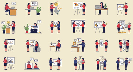 Fototapeta premium Set of business woman character illustrations in various office poses and activities.