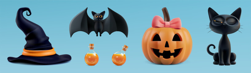 Halloween carved pumpkin girl, character 3d vector render. Cute black cat, happy flying bat, spooky scary witch hat, magic potion trick or treat. Night october party friday 13 sale poster fun elements