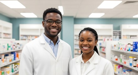 Two smiling African American pharmacists in white coats stand in a pharmacy. Shelves of medicine are visible in the background. Positive, professional.
