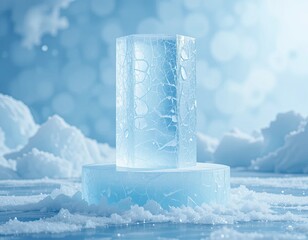 High resolution cracked ice cylinder on frosted pedestal with snow surface in arctic landscape, abstract winter background for premium graphic design resources

