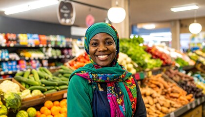 A smiling woman in a grocery store