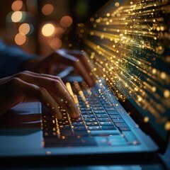 Global Network Connection Data Stream Flowing from Laptop Keyboard at Night