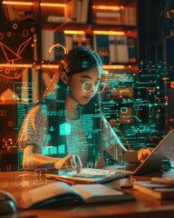 Young Girl Studying Digital Technology Futuristic Interface Learning Coding Programming