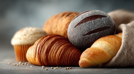 Assortment of freshly baked bread and pastries on a rustic table