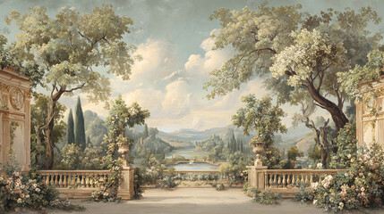 Baroque garden mural in muted pastels with gold highlights featuring a serene classical scene for an elegant tranquil feel