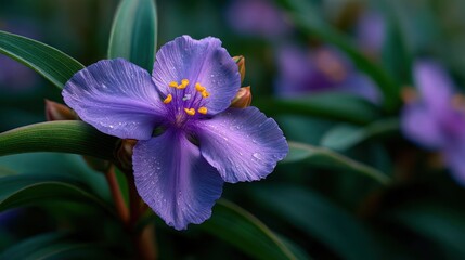 Close-up of a Dew-Kissed Purple Spiderwort Flower