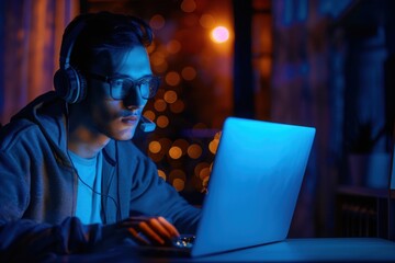 Night Gamer Focused on Laptop Screen in Blue Light, Intense Gaming Session at Home