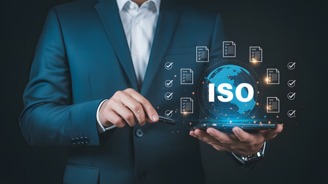 Businessman displaying ISO certification process with digital tablet and globe - Powered by Adobe