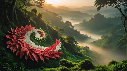 A fantastical red and white floral spiral floats above a lush, misty jungle valley at sunrise.