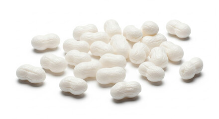 Pile of white biodegradable packing peanuts scattered across a white background, used for protecting fragile items during shipping