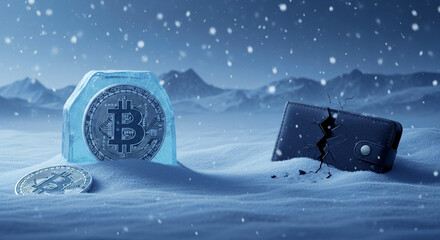 Bitcoin winter crypto crash cryptocurrency frozen wallet digital currency financial loss snow scene