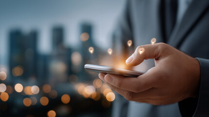 Digital Connectivity in the City: A well-dressed figure navigates a smartphone, illuminated with location pins, symbolizing modern business and seamless integration with urban landscapes. 